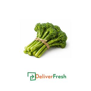 Bunch of broccolini tied with twine on a white background with 'Deliver Fresh' lo