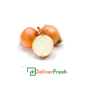 Three brown onions on a white background with 'Deliver Fresh'