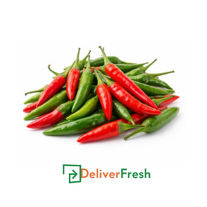 Pile of red and green chillies with 'Deliver Fresh'  