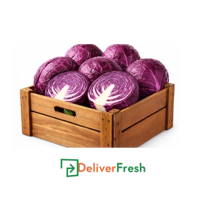Wooden crate with red and purple cabbages and 'Deliver Fresh'