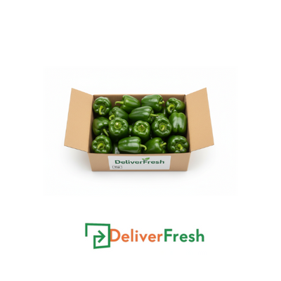 Box of green capsicums with 'DeliverFresh'