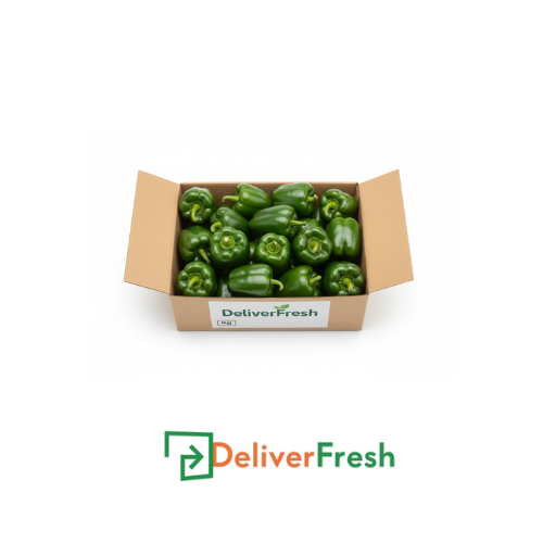 Box of green capsicums with 'DeliverFresh'