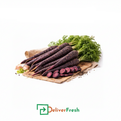 Purple carrots labeled 'Carrot Black (Black Nebula)' with 'Fresh & Tasty' and 'Deliver Fresh'