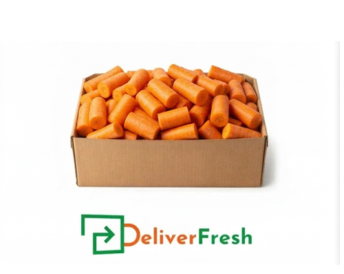 Box of cut carrots with 'Deliver Fresh' 