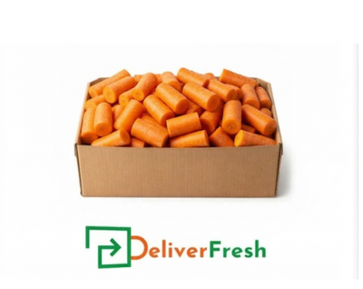 Box of cut carrots with 'Deliver Fresh' 