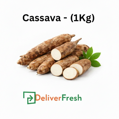 Cassava roots with a green leaf on a white background, labeled 'DeliverFresh'.
