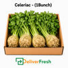 Box of celeriac with green tops, labeled 'Celeriac - (1Bunch)' and 'DeliverFresh' 