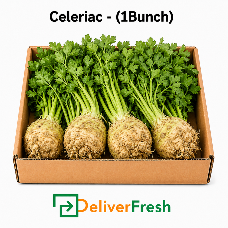 Box of celeriac with green tops, labeled 'Celeriac - (1Bunch)' and 'DeliverFresh' 