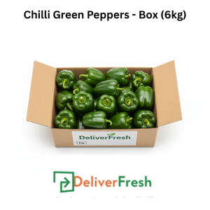 Box of green peppers with 'Deliver Fresh'