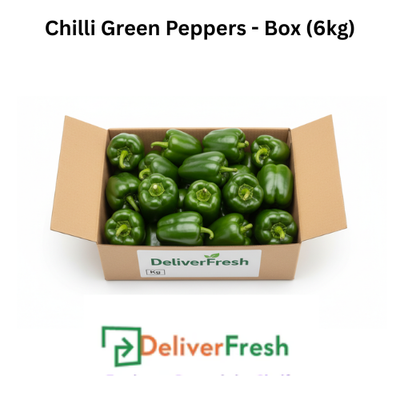 Box of green peppers with 'Deliver Fresh'