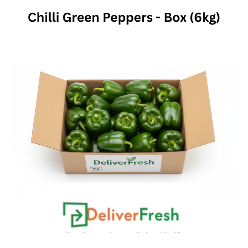 Box of green peppers with 'Deliver Fresh'