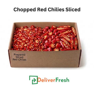 Box of chopped red chilies sliced with 'Deliver Fresh'