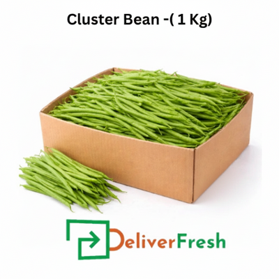 Box of green cluster beans with 'Deliver Fresh' 