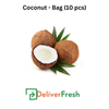Coconut with green leaves on a white background, labeled 'Coconut - Bag (10 pcs)' with DeliverFresh 