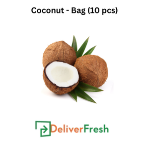 Coconut with green leaves on a white background, labeled 'Coconut - Bag (10 pcs)' with DeliverFresh 