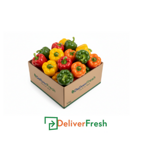 Box of mixed color peppers with 'Deliver Fresh'