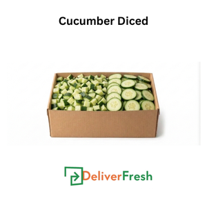 Box of diced cucumbers with 'Deliver Fresh' 