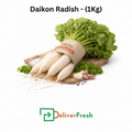 Daikon radish with green leaves 'Deliver Fresh'.