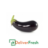 Eggplant with green stem on a white background, branded with DeliverFresh.