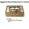 Box of sliced eggplant rings with 'Deliver Fresh'