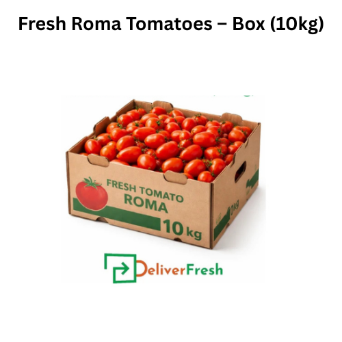 Box of fresh Roma tomatoes with 'Deliver Fresh'