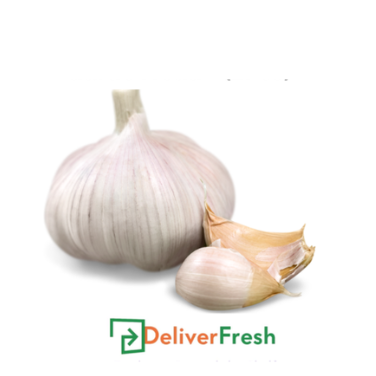 Garlic head with a smaller garlic bulb on a white background, featuring the DeliverFresh 