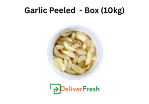 Peeled garlic in a white container with 'Deliver Fresh'