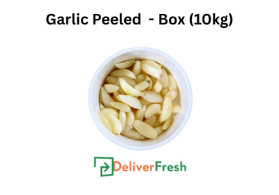 Peeled garlic in a white container with 'Deliver Fresh'