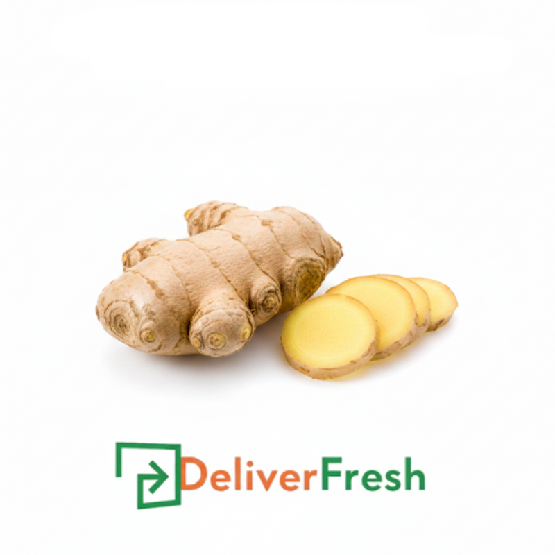 Ginger root with a piece of ginger on a white background, labeled 'DeliverFresh'.