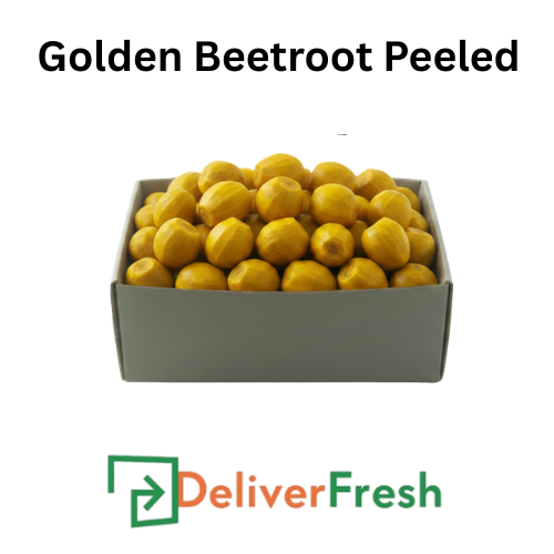 Box of peeled golden beetroots with 'Deliver Fresh' 