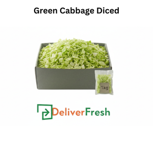 Diced green cabbage in a box with 'Deliver Fresh'