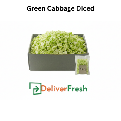 Diced green cabbage in a box with 'Deliver Fresh'