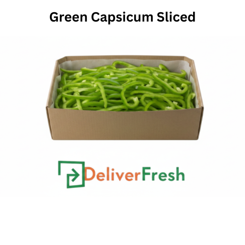 Box of sliced green capsicum with 'Deliver Fresh' 