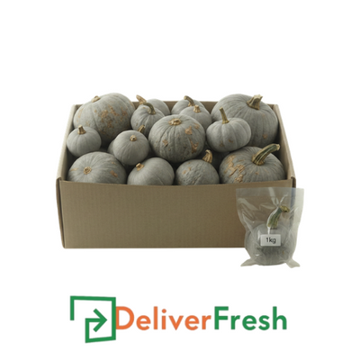 Box of grey pumpkins with 'Deliver Fresh' 