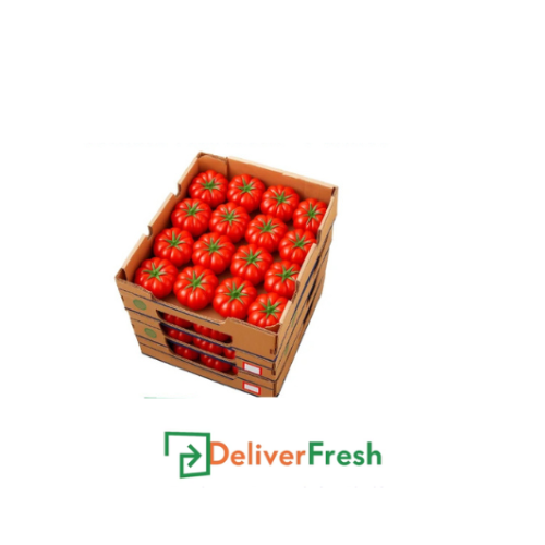 Box of heirloom tomatoes with 'Deliver Fresh' 