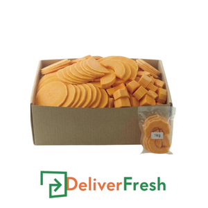 Box of sliced Jap/Kent pumpkin with 'Deliver Fresh' 