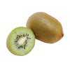 A whole kiwi fruit and a halved kiwi fruit on a plain light gray background. The cut kiwi shows bright green flesh with a ring of black seeds, and the whole kiwi shows a fuzzy brown skin.