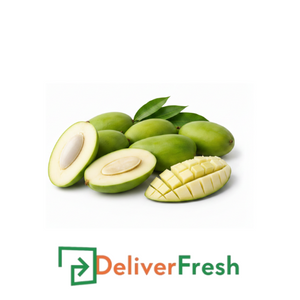 Green mangoes with a halved mango  with DeliverFresh 