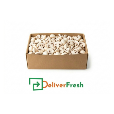 Box of sliced mushrooms with 'Deliver Fresh' 