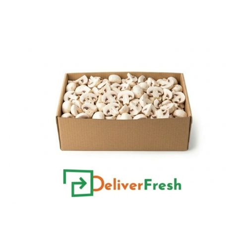Box of sliced mushrooms with 'Deliver Fresh' 