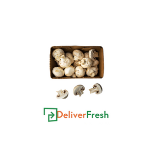 Box of mushrooms labeled 'Mushroom Button -(1 Kg)' with 'DeliverFresh'