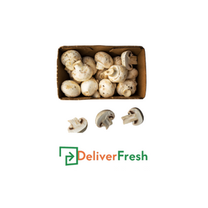Box of mushroom buttons with 'Deliver Fresh'
