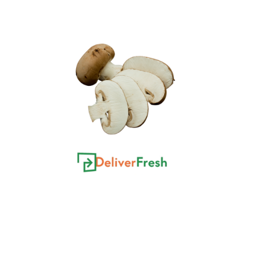 Sliced mushrooms in a box with 'Deliver Fresh'