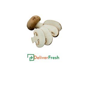 Sliced mushrooms in a box with 'Deliver Fresh'