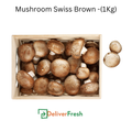Box of brown swiss mushrooms with 'Deliver Fresh'