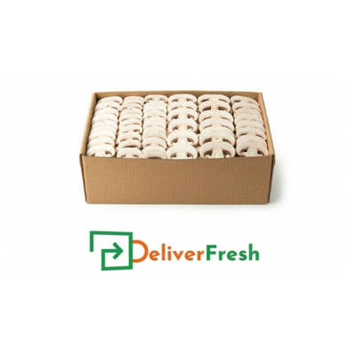 Box of sliced mushrooms with 'Deliver Fresh' 