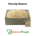Parsnip batons in a box with a small bag of parsnips, branded with 'DeliverFresh'.