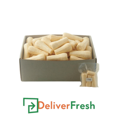 Box of peeled parsnips with 'Deliver Fresh' 