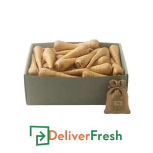 Box of parsnips with a small bag labeled '1kg' and 'DeliverFresh' 
