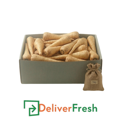 Box of parsnips with a small bag labeled '1kg' and 'DeliverFresh' 
